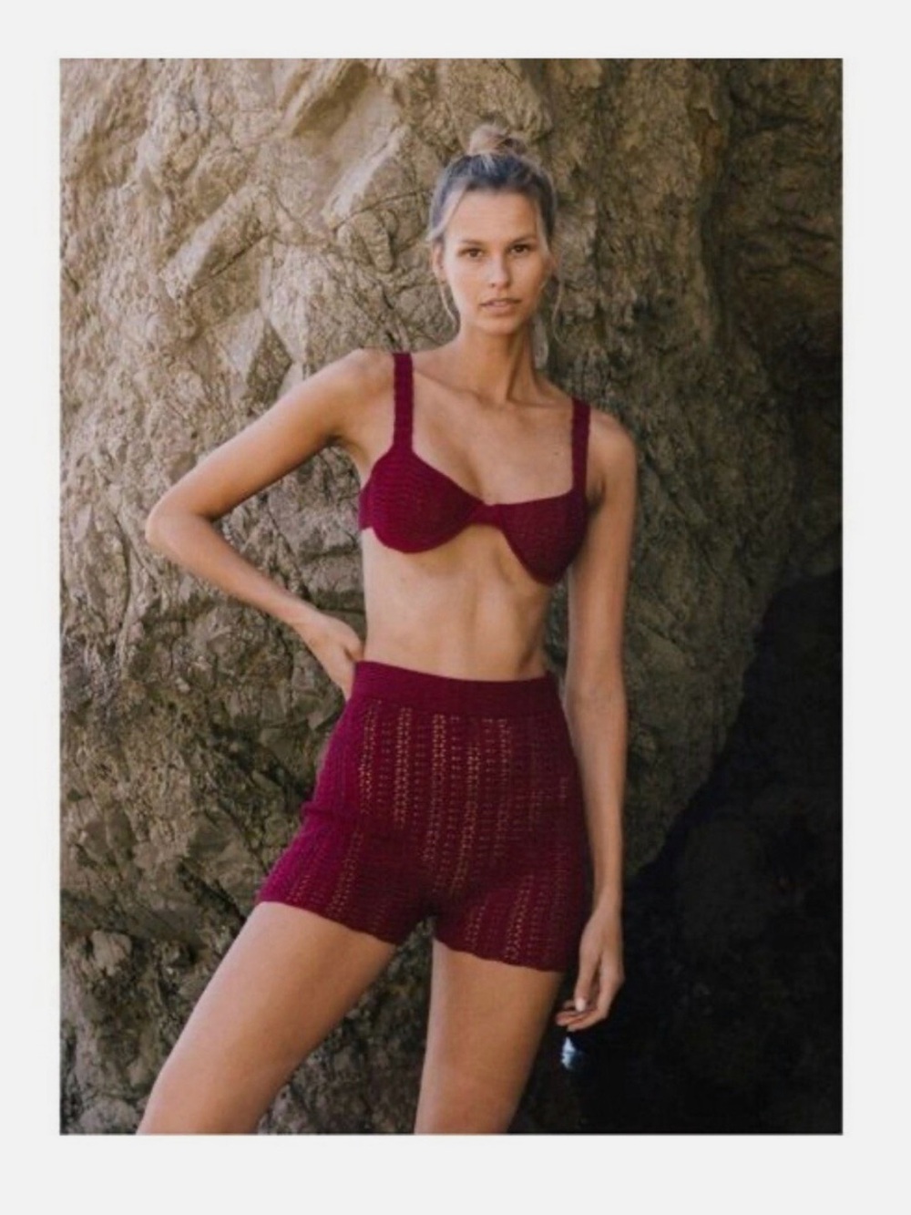Savannah Morrow Crochet Underwire Bralette and High-Waist Shorts Set — Burgundy